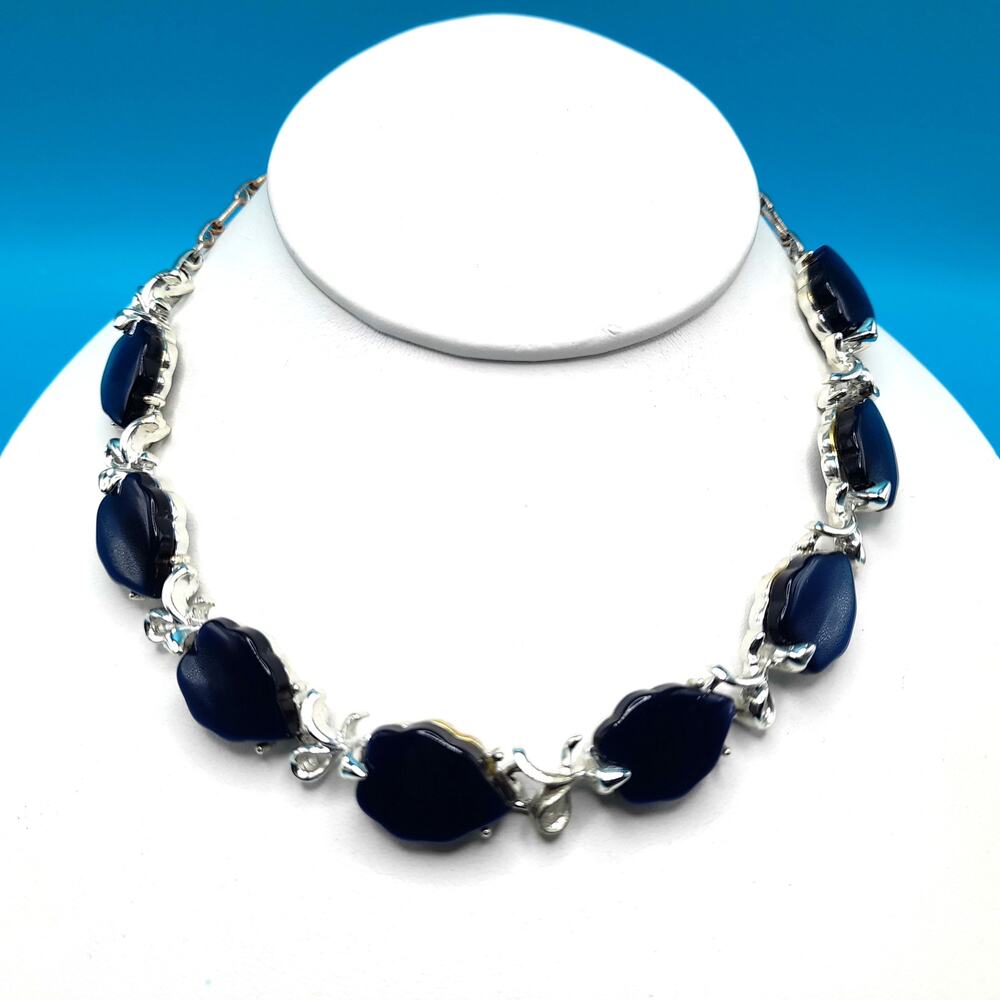 Vintage Dark Blue Moonglow Choker Necklace Silver Tone 1950s Retro
